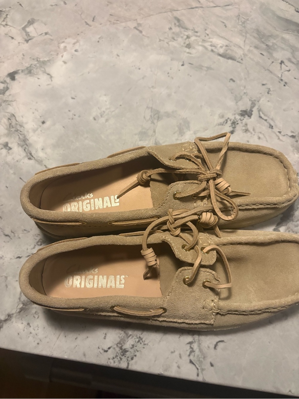 Worn once Clark’s leather tan originals mules or boat shoes